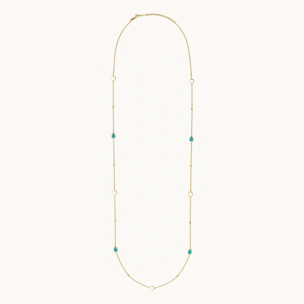 Full-length view of 18K gold dual-wear necklace with turquoise and mother of pearl stones on an adjustable chain