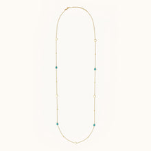 Load image into Gallery viewer, Full-length view of 18K gold dual-wear necklace with turquoise and mother of pearl stones on an adjustable chain