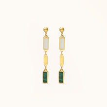 Load image into Gallery viewer, Front view of 18k gold drop earrings featuring malachite and mother-of-pearl accents with rectangular motifs
