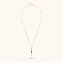 Load image into Gallery viewer, Full length view of 18K gold necklace with malachite and mother-of-pearl pendant and adjustable chain design.