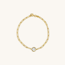 Load image into Gallery viewer, Front view of 18K gold rectangular chain bracelet with round mother-of-pearl inlay centerpiece
