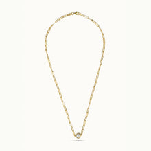 Load image into Gallery viewer, Full length view of 18K gold chain necklace with moon-inspired mother-of-pearl pendant