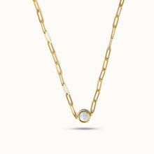 Load image into Gallery viewer, Front view of 18K gold rectangular chain necklace with round mother-of-pearl pendant