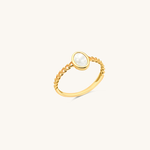 18k gold oval mother of pearl ring with twisted rope band front view