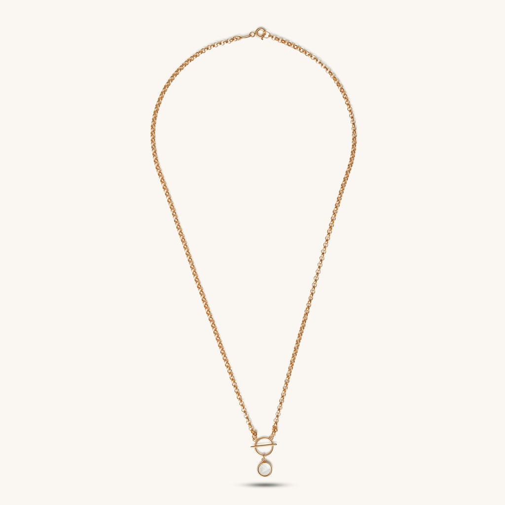 Full length 18K rose gold chain necklace with interlocked ring mother-of-pearl pendant
