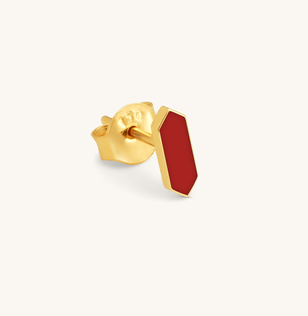 Facets Deep Red Enamel Gold Stud