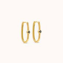 Load image into Gallery viewer, Pair view of minimalist 18K gold hoop earrings with black diamond accents for an elegant everyday look