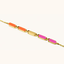 Load image into Gallery viewer, Close-up of Joubijoux Facets Fusion gold bracelet showing orange and pink enamel bars