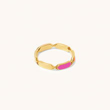 Load image into Gallery viewer, Front view of Joubijoux Facets Fusion gold ring with orange and pink enamel