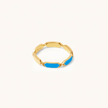 Load image into Gallery viewer, Side view of Joubijoux Facets Fusion 18K gold ring highlighting blue enamel detail