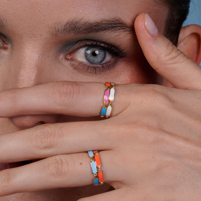 Joubijoux Facets Fusion 18K gold ring with two-tone blue enamel worn on hand
