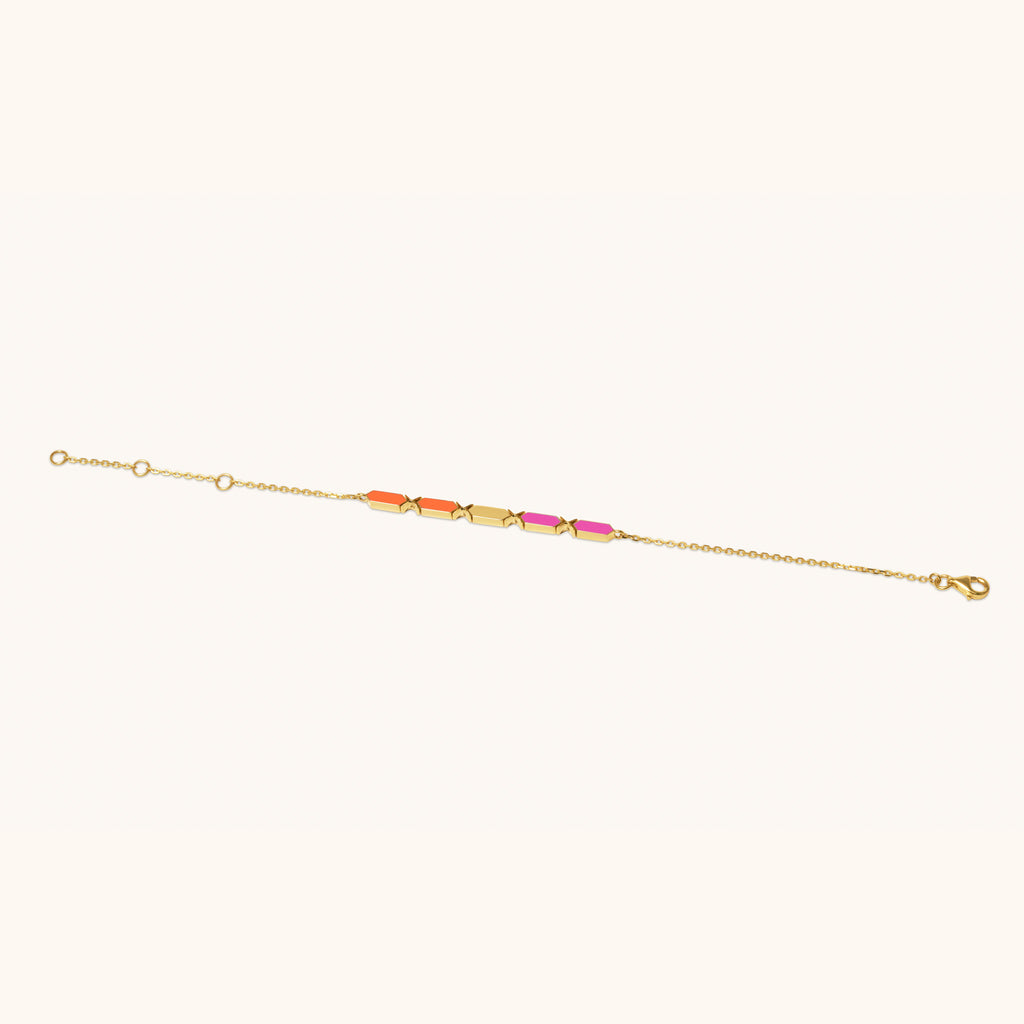 Joubijoux Facets Fusion gold bracelet with orange and pink enamel bar stones