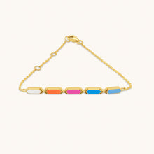 Load image into Gallery viewer, A sleek 18k Facets Jazzy gold bracelet with vibrant multicolored facets positioned along a gold chain to catch light and attention.