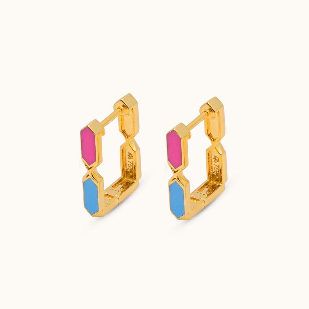 Back view of Joubijoux Facets Jazzy 18K gold hoop earrings showing post, hinge, and 750 hallmark