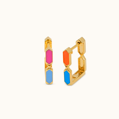 Front view of Joubijoux Facets Jazzy 18K gold hoop earrings with pink, blue, and orange enamel