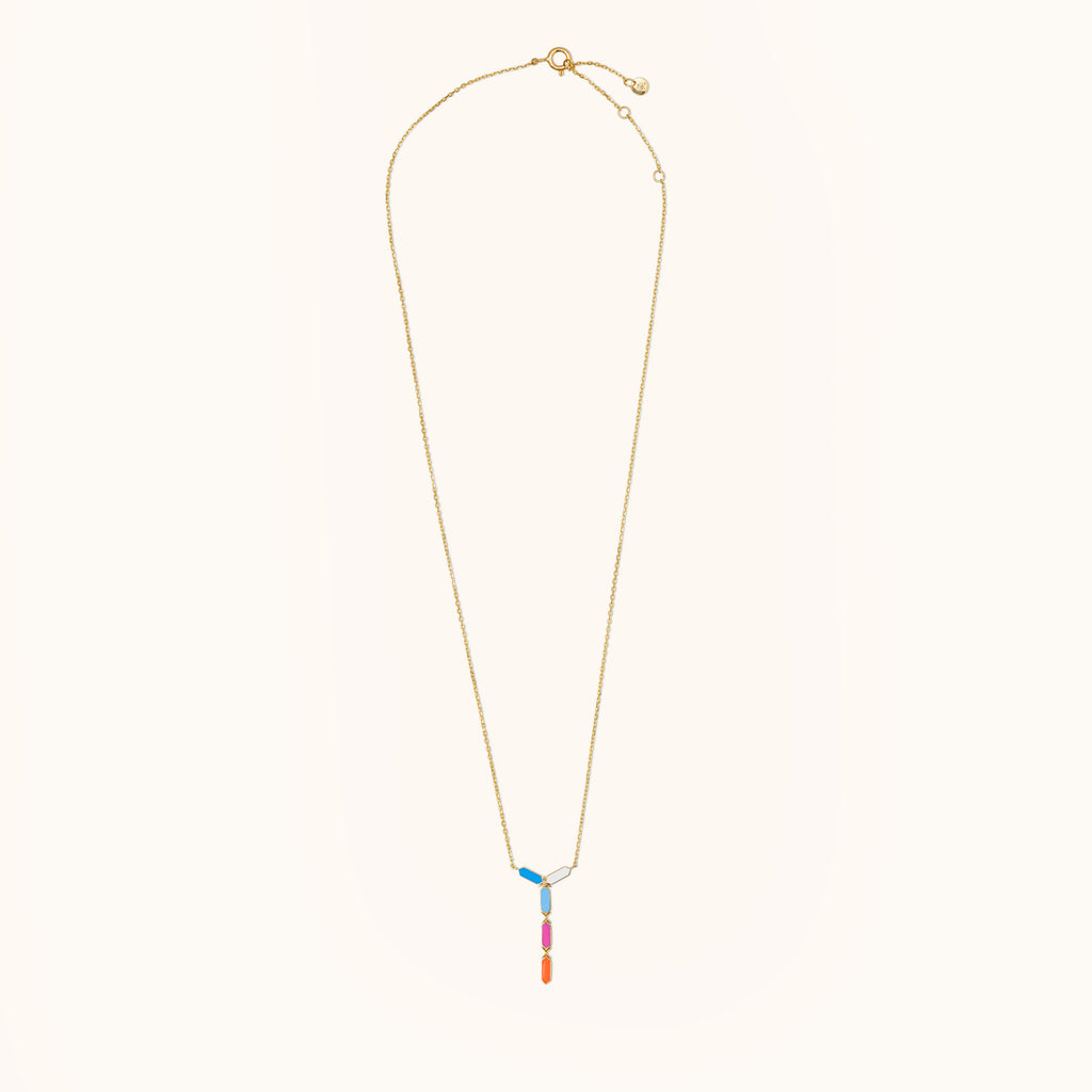 Full length view of Joubijoux Facets Jazzy 18K gold necklace showing adjustable chain and multicolor enamel pendant
