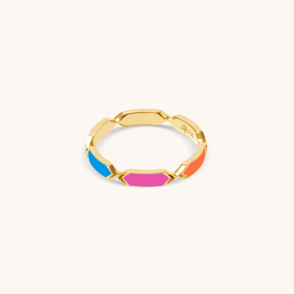 Top surface and the side view of Joubijoux Facets Jazzy 18K gold ring highlighting rotating multicolor enamel panels
