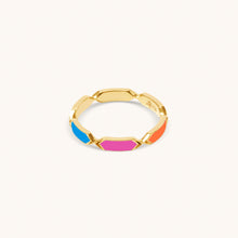 Load image into Gallery viewer, Top surface and the side view of Joubijoux Facets Jazzy 18K gold ring highlighting rotating multicolor enamel panels