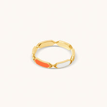 Load image into Gallery viewer, Top and Front view of Joubijoux Facets Jazzy 18K gold ring featuring blue, pink, orange and white enamel