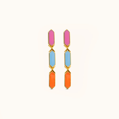 A pair of 18k gold earrings with vibrant pink, blue, and orange enamel facets.