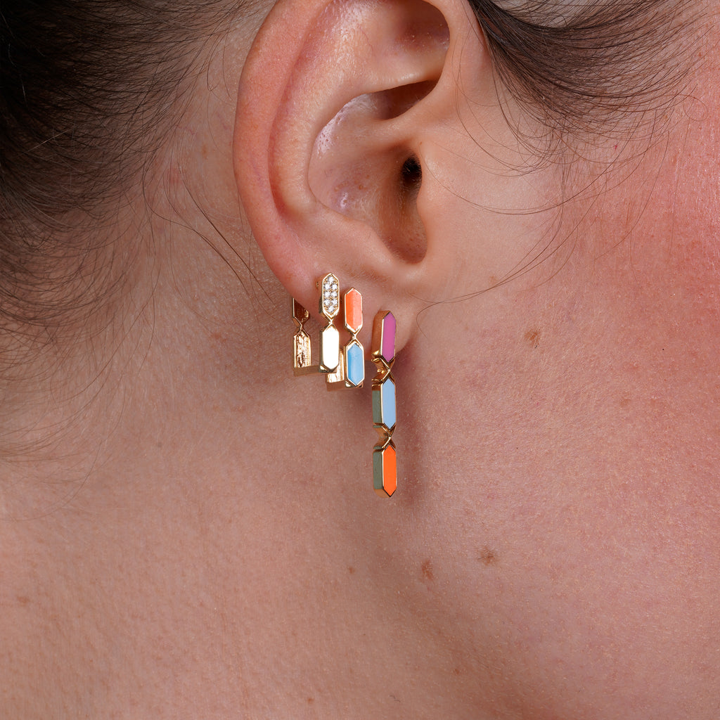 Joubijoux Facets Jazzy Drop 18K gold earrings worn on ear with multicolor enamel