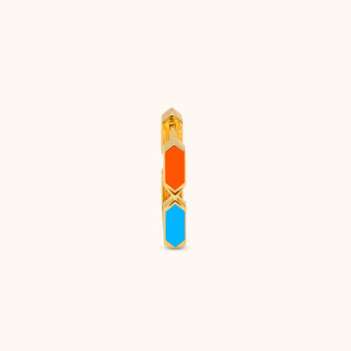 Front view of Joubijoux Facets Jazzy Single Hoop in 18K gold with orange and dark blue enamel