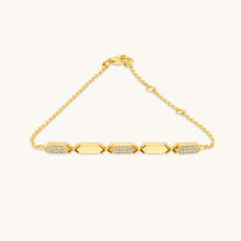 Load image into Gallery viewer, A diamond bracelet with gold chain and diamond segments, featuring a series of diamond pendants aligned in a row.