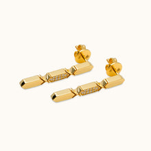 Load image into Gallery viewer, A pair of 18k gold diamond drop earrings with multiple diamond pieces aligned in a vertical line in a white background