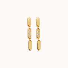Load image into Gallery viewer, A pair of 18k gold diamond drop earrings with multiple diamond pieces aligned in a vertical line.