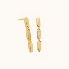 Load image into Gallery viewer, A pair of 18k gold diamond drop earrings with multiple diamond pieces aligned in a vertical line.