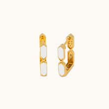 Load image into Gallery viewer, A pair of 18k gold, diamond hoop earrings with a combination of natural diamond and white enamel accents.