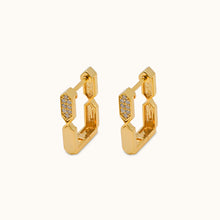 Load image into Gallery viewer, A pair of 18k gold, diamond hoop earrings with a combination of natural diamond and white enamel accents.