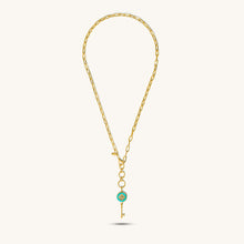 Load image into Gallery viewer, A 18k gold necklace with a golden key pendant featuring a blue enamel center with a floral motif full length