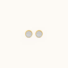 Load image into Gallery viewer, Front view of Joubijoux gold earrings featuring 18K yellow gold studs with round mother of pearl inlay