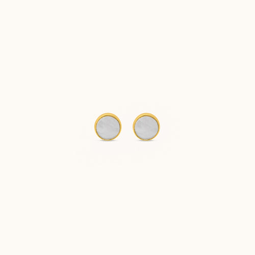 Front view of Joubijoux gold earrings featuring 18K yellow gold studs with round mother of pearl inlay