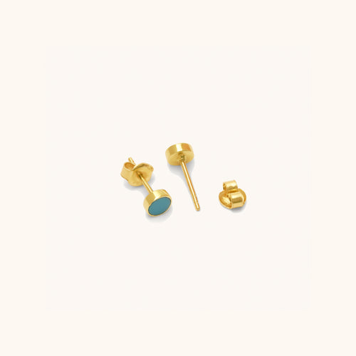 Screw-back view of Joubijoux gold earrings showing 18K yellow gold stud post with turquoise stone front and secure screw closure
