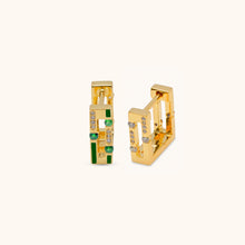 Load image into Gallery viewer, Front view of Joubijoux gold hoop earrings in 18K yellow gold featuring diamonds, emerald stones, and green enamel