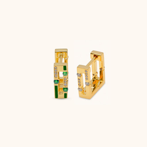 Front view of Joubijoux gold hoop earrings in 18K yellow gold featuring diamonds, emerald stones, and green enamel