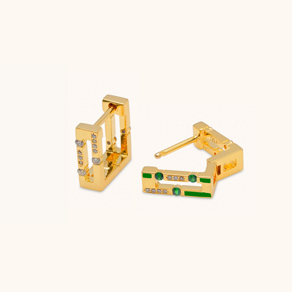 Back view of Joubijoux gold hoop earrings showing hinged post closure in 18K yellow gold