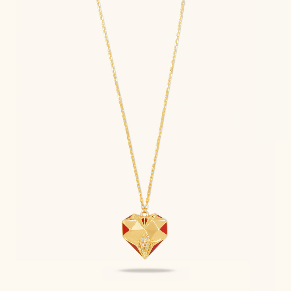 Front view of Joubijoux gold necklaces for women featuring 18K heart-shaped pendant with red enamel and VS diamonds