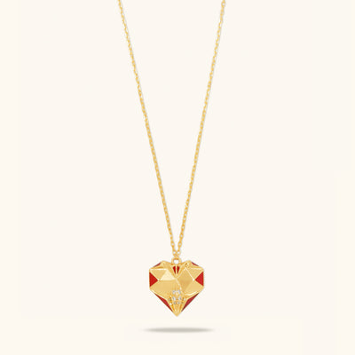 Front view of Joubijoux gold necklaces for women featuring 18K heart-shaped pendant with red enamel and VS diamonds