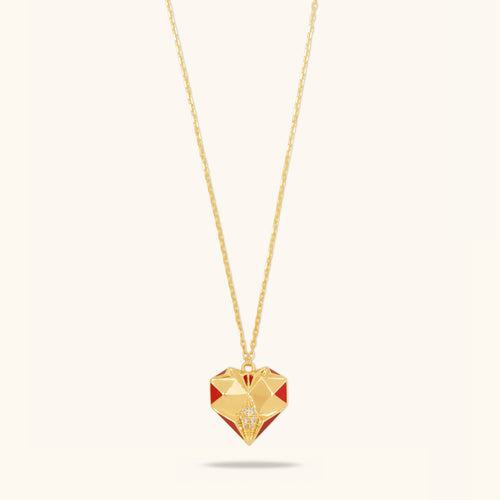 Front view of Joubijoux gold necklaces for women featuring 18K heart-shaped pendant with red enamel and VS diamonds