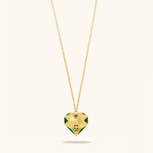 Load image into Gallery viewer, Front view of Joubijoux gold necklaces for women featuring 18K heart-shaped pendant with green enamel and emerald stones