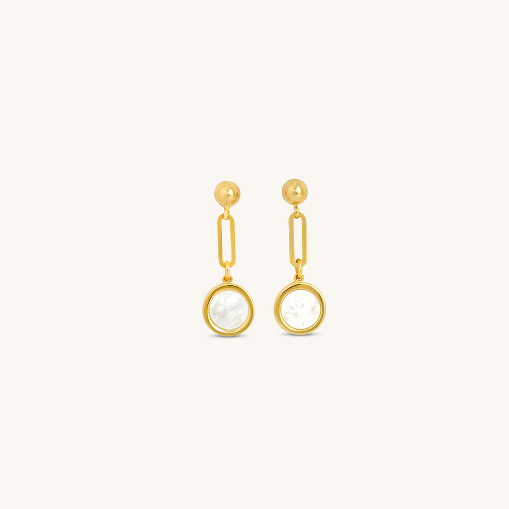 Front view of 18K gold drop earrings featuring circular mother-of-pearl inlay in a polished gold frame