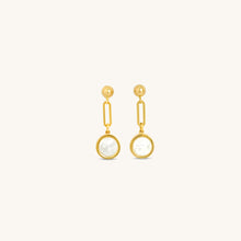 Load image into Gallery viewer, Front view of 18K gold drop earrings featuring circular mother-of-pearl inlay in a polished gold frame