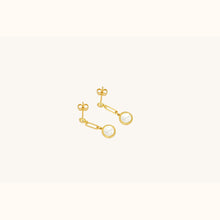 Load image into Gallery viewer, Back view of 18K gold mother-of-pearl drop earrings showing secure post and butterfly backing