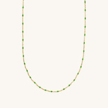 Load image into Gallery viewer, 18K gold raindrop necklace with green enamel beads front view