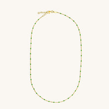 Load image into Gallery viewer, Full length 18K gold raindrop necklace with green enamel beads and adjustable chain