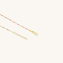 Load image into Gallery viewer, Close-up of pink enamel beads on 18K gold raindrop necklace chain