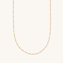 Load image into Gallery viewer, 18K gold raindrop necklace with pink enamel beads front view